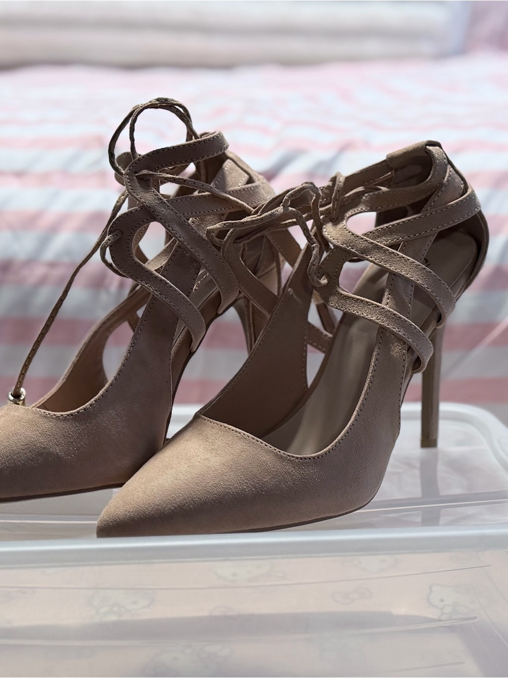 Qupid Taupe Lace-Up Pointed Toe Stiletto Heels